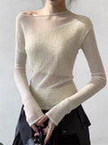 Design Sense Of White Mesh Splicing Knitted Shirt T-Shirt New Irregularly Permeable Slanted Shoulder Coat