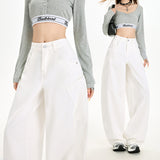Bismeed Jeans Retro Taut Autumn Casual Pure White Loose-Freuish-Legged Denim Antique Blue