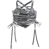 Summer Pure Lust Sexy Dew Irregular Small Sling Twitch Sister Wind Bilateral Drawstring Silver Vest Hottie