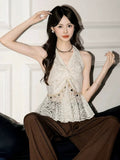 Summer New Korean Lace V-Neck Sleeveless Hanging Neck Vest Female Slim Slim Sexy Pure Desire Design Top
