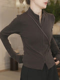 High-Level Fashion Casual Coffee Zippered Sweater Repair Slim Thin Temperament Trend Long-Sleeved Top
