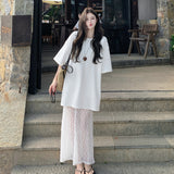 Lace Splicing Fake Two White Short-Sleeved T-Shirt Dress Women's Summer Design Sense Languid Holiday Style Dress