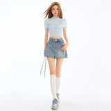 Fake Two A-Word Jeans Skirt Girl Summer Irregular Galow Tied Small Man Hot Girl Thin Short Skirt