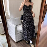 Black Broken Flower Dress Women 2026 Summer Slim Suspension Dress Temperament Tea Dress French Dress