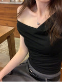 0829# Folded Design Sense Chestless Cushion Integrated Short-Sleeved T-Shirt Repair Pure Color Carefully Hottie Top