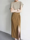 JOJOZ Mustard Mist Texture Cross Design High Waist Side Over The Knee Skirt Temperament Fashionable Girl Dress