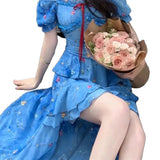 Holiday Wind Broken A Flower-Slaught Shoulder Dress Women's Summer 2025 New Waist Display Thin Irregular Blue Slings Long