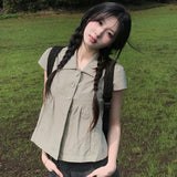 Korean Ins Summer Vintage Short-Sleeved Shirt Casual Temperament Three-Grain Clasp Collar Loose Match Doll Shirt Top
