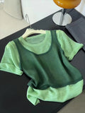 Close Your Eyes Into The Series! Forest Green Fake Two Short-Sleeved Summer Round Neck Thin High-End Temperament Unique Top
