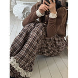 Korean Version Of Autumn And Winter Grinding Lattice Lace Lace Cute Retro Broad Leg Trousers Trousers Loose Waist Slacks