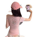 5113# Summer New Shoulder Short Sleeve Hollow Mesh Embroidery T-Shirt Girl Body Integrated With Chest Cushion