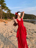 French Beautiful Irregular Lotus Leaf Side Red Sling Dress Female Summer Seaside Atmosphere Temperament Dress
