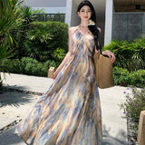 French Retro Oil Painting Gentle Broken Flowers To Take The Sling Belt To The Waist Dress Seaside Holiday Dress Summer
