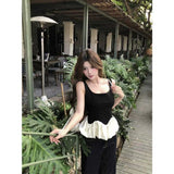 French Splicing Lotus Leaf Side Design Sling Vest Women Summer New Sweet Hot Girl Slimming Blouse Tide