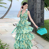 2026 French Holiday Dizzling Green Hanging Neck Hanging Cake Dress Summer New Sanya Seaside Resort Dress