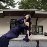 Wine Red Ribbon With Oblique Shoulder Long-Sleeved Dress Women Winter Body-Repair Irregular Dress Pure Want To Pack Hip Dress