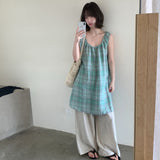 Korean Daily Relaxation Feeling With Sweet Lattice Folded V-Neck Vest Short Dress Thin Design Dress Woman