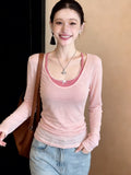 Pink U-Neck Front Shoulder Sunscreen Long-Sleeved T-Shirt Women Summer With Slings Out Two Sets Of Tulle Air Conditioning Tops