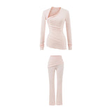 Kardashian Comfortable Skin Irregular Collar Repair Body Folded Waist Trousers Autumn Casual Set