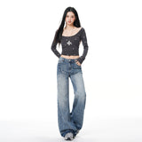 Vintage | Waterwash Crease Process | Loose-Fitting Wide-Legged Jeans Women Retro Blue Trousers