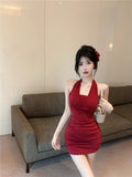 French High-End Sexy Chain V Receive Waist-Loan Back Hanging Neck Summer Pure Temperament Hip Short Dress Woman