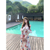 2025 Powder Flower Wall Splashing Ink-Coloured Flower Long Short Shredded Flower Lotus Leaf Hanging Dress Spring Summer Travel Skirt