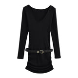 Gentle Sister French Knitting Dress Women Autumn And Winter Repair Waist Plus Velvet V-Neck Temperament Bag-Guff Dress