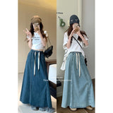 Real Shooting 2025 Korean Version Of The Retro Water Washing Tight Waist Draw Cowboy Half-Body Skirt In The Long Loose A-Word Big Swing Skirt