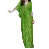 French Languid Green Dress 2026 Summer V-Neck Bat Sleeves Thin Perspective Holiday Style Long Shirt Skirt
