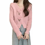 Thick And Gentle Little Fragrant Style Short Knitted Cardigan Sweater Autumn New Sweet Three-Dimensional Flowers Pink Clothes