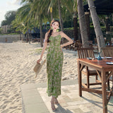 2025 Summer New Pastoral Holiday Temperament To Close The Waist Thin Green Broken Flowers Hanging Dress Dress Dress Woman