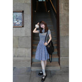 Summer Chic Set 2026 New Gray Round-Neck T-Shirt Tibetan Green Lattice Half-Dressed Two-Piece