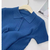 This Year's Popular Polo Collar Blue Knitted Short-Sleeved T-Shirt Woman 2025 New Slimming Blouse