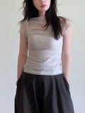 Net Yarn Spliced White Perspective Shoulder Short Sleeve T-Shirt Girls Summer Particularly Beautiful Threous Small Top Thin