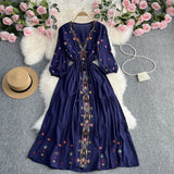 French Retro National Style Embroidery V-Neck High-End Dress Women's Spring And Autumn Dress With Thin Waists