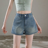 Simple Solid Color Casual Denim Shorts Women 2026 Summer New High-Waisted Wide-Legged Shorts White Light Kaqi
