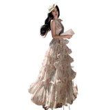 2026 New French Holiday Style Print Hanging Neck Chiffon Cake Dress Women's Collar Dress Summer Super Fairy Photo