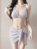 2026 New Bikini Women's Back Gathering Bra Sexy Striped Swimsuit Summer