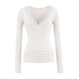 Lace V Collar Inside The Bottom Shirt Women's New Low-Collar Pure Sexy Tea Art Long-Sleeved White Top