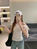 5179# Summer New Sweet Spicy Slanted Shoulder ϵion Design Short-Sleeved T-Shirt Slimming Female Integrated With Breast Cushion