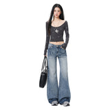 Vintage | Waterwash Crease Process | Loose-Fitting Wide-Legged Jeans Women Retro Blue Trousers
