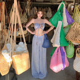 2026 Yunnan Sanya Island Resort Style Suit Women Folded Breasts Hanging Blouse High Waist Loose Broad Legs