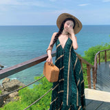 Sanya Seaside Resort Beach Dress Bohemia Retro Collared Sling Dress Travel Photo Wear
