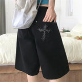 PP Pocket Leopard Cross Hot Diamond Denim Shorts High Waist Thin Set Casual Five-Point Wide Leg Pants Trousers Women