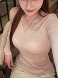 Owner Recommended / 100 Full Wool Sweater V-Neck Knitted Shirt With A Woman Pink Top