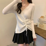 Autumn And Winter V-Neck Knitted Bottom Shirt Women Take Autumn And Winter French Waist Irregular Sweater Long-Sleeved Knitted Shirt Top