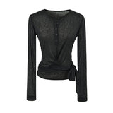 Round Collar Button Micro-Permeable Lace Repair Clothes Summer Straps Thin Long-Sleeved T-Shirt Girl