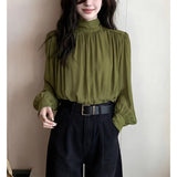 2026 Early Spring New French High-End Light Luxury Green Wrinkled Dens Downsted Shirt Women's Professional Commuter Shirt