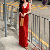Rose Red V-Necked Dresses Women's Summer Cash Bags Vacation Dresses Women's Summer Dresses