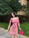 Sweet Spice Girls Set Thin Lace U-Necked T-Shirt Top Women's Summer Broken Flower Bag Half-Dress Skirt Two Sets